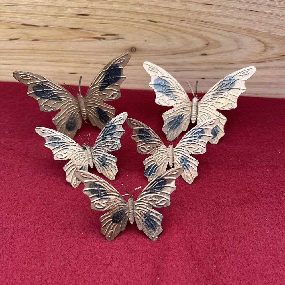 Vintage Metal Butterflys Set Of 5 Brass & Blue Colored Wire Back for Attachment